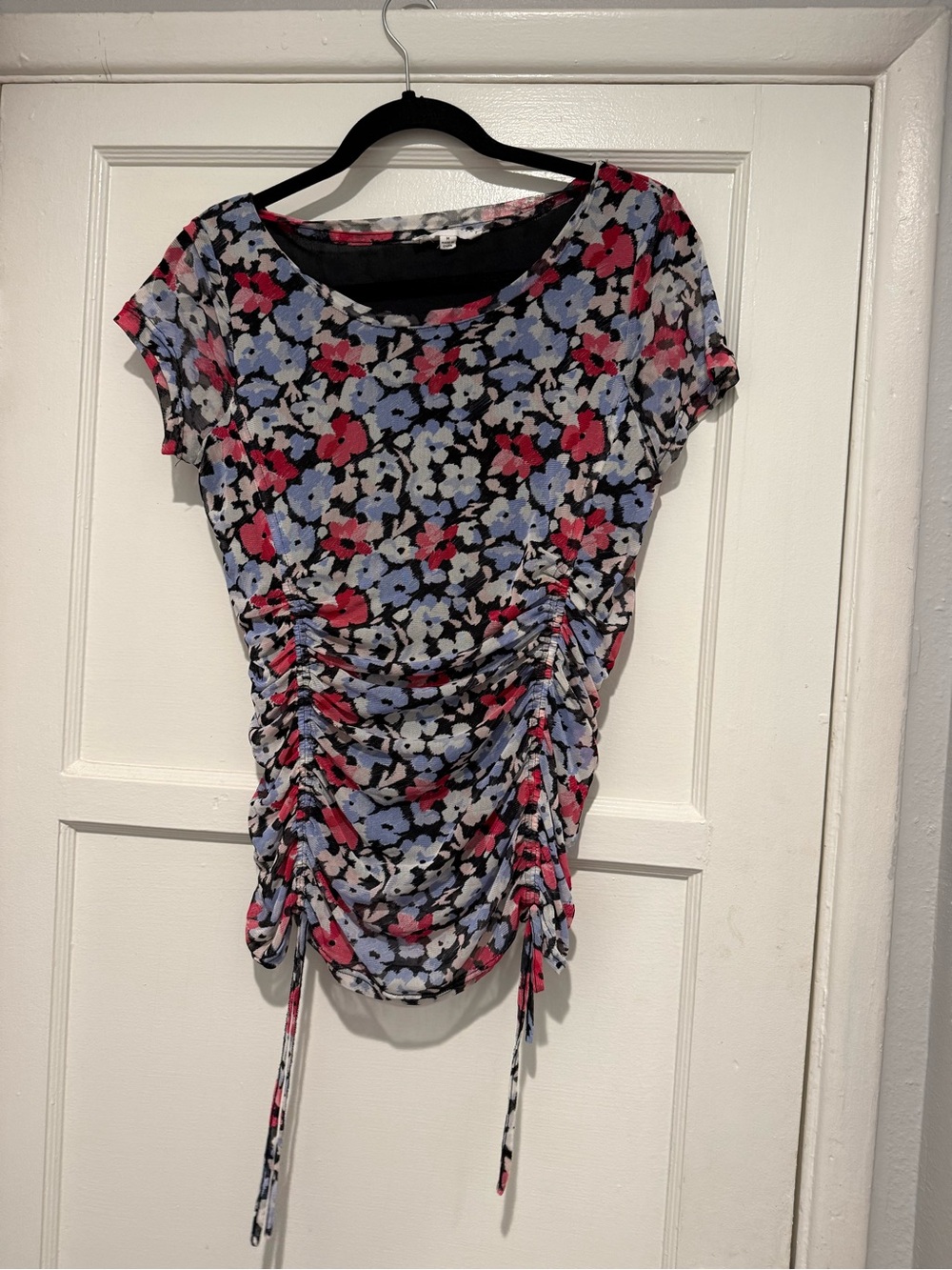 Floral Ruched Side-Tie Women's Top in Black, Blue & Pink